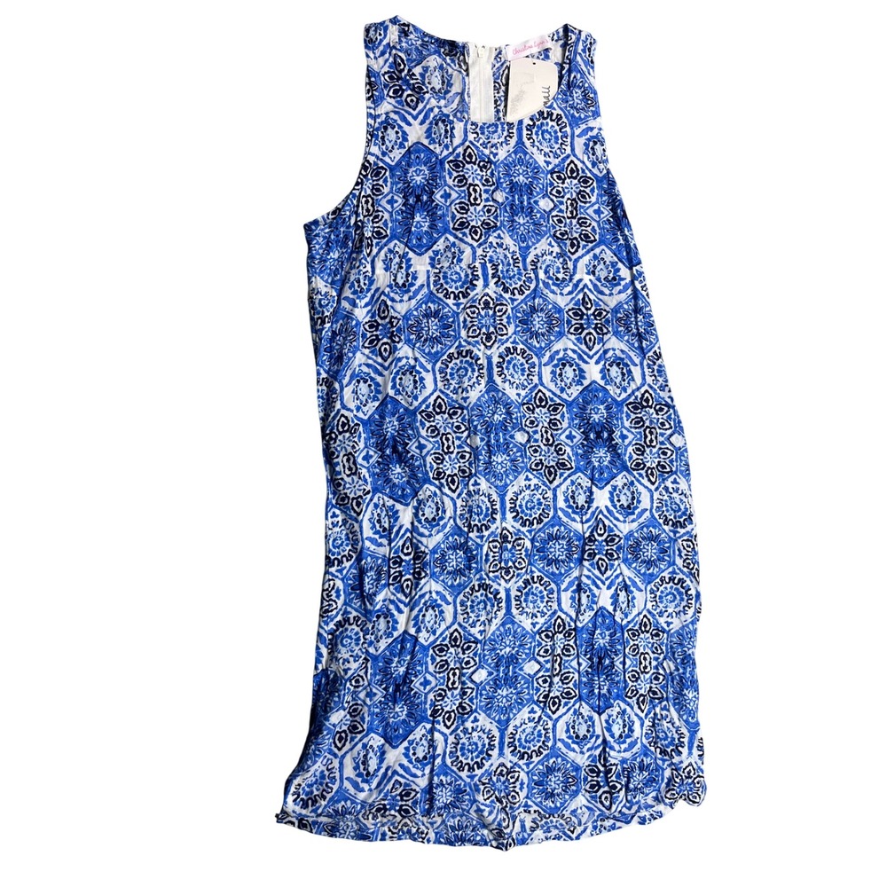Christina Lynn's Womens Small Blue White Tile Print Shift Dress NWT Rayon